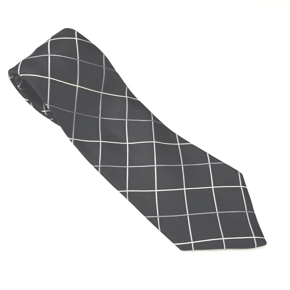 Stafford Executive Mens Silk Tie Gray Silver White Grid Pattern Formal Necktie